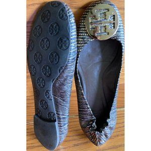 *READ* Tory Burch Minnie Travel Black Gold Napa Leather Ballet Flats US 8.5M 8.5